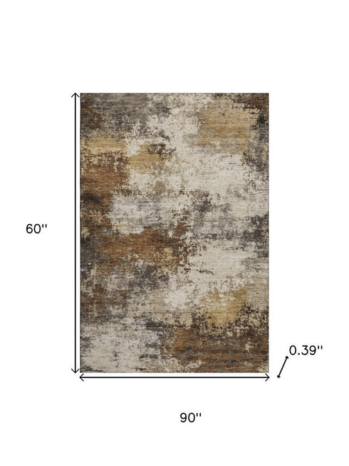 5' X 8' Brown And Beige Abstract Washable Area Rug With UV Protection