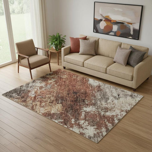 5' X 8' Rust And Beige Abstract Washable Area Rug With UV Protection