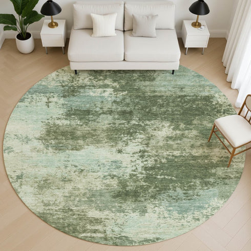 8' Sage And Fern Green Abstract Washable Round Rug With UV Protection