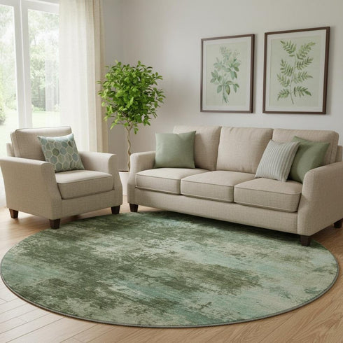 8' Sage And Fern Green Abstract Washable Round Rug With UV Protection
