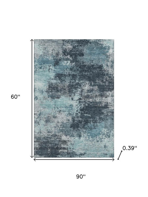 5' X 8' Teal And Aqua Abstract Washable Area Rug With UV Protection