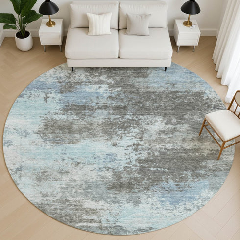 8' Taupe And Sky Blue Abstract Washable Round Rug With UV Protection