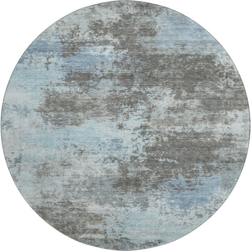 8' Taupe And Sky Blue Abstract Washable Round Rug With UV Protection