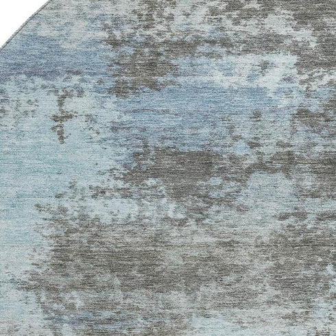 8' Taupe And Sky Blue Abstract Washable Round Rug With UV Protection