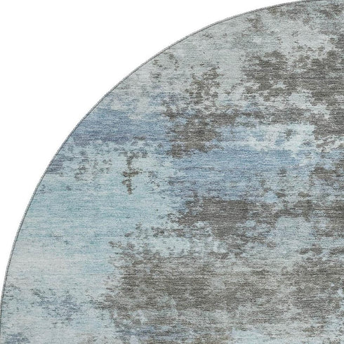 8' Taupe And Sky Blue Abstract Washable Round Rug With UV Protection