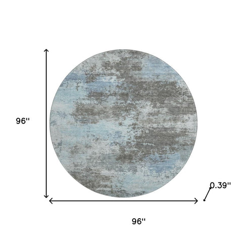 8' Taupe And Sky Blue Abstract Washable Round Rug With UV Protection