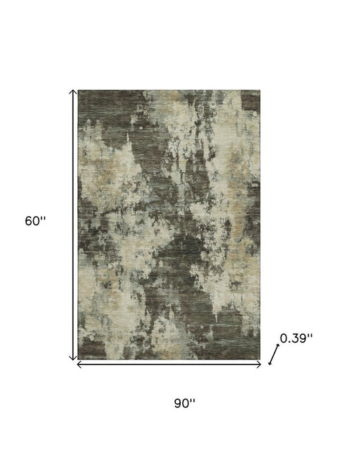 5' X 8' Brown And Beige Abstract Washable Area Rug With UV Protection