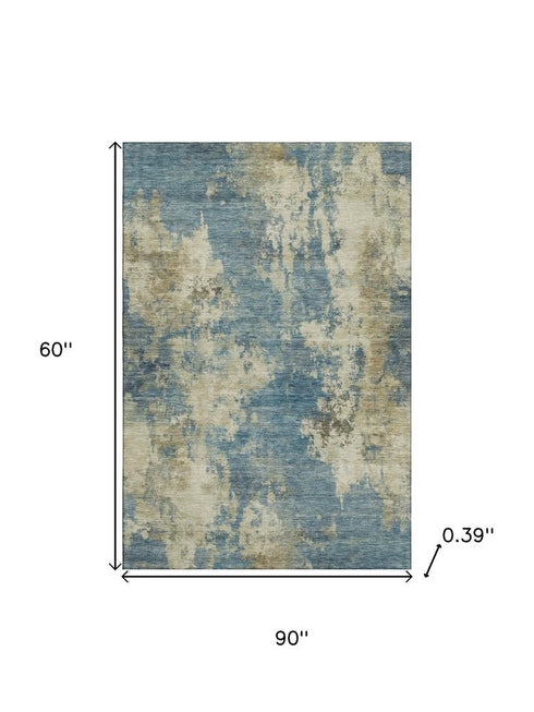 5' X 8' Blue And Taupe Abstract Washable Area Rug With UV Protection