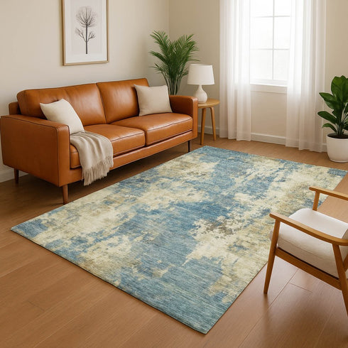 9' X 12' Blue And Taupe Abstract Washable Area Rug With UV Protection