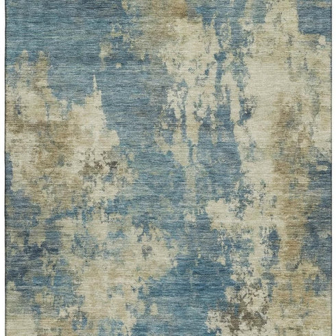 9' X 12' Blue And Taupe Abstract Washable Area Rug With UV Protection