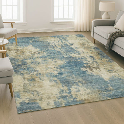 9' X 12' Blue And Taupe Abstract Washable Area Rug With UV Protection