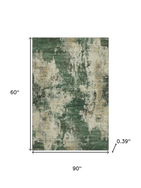 5' X 8' Fern Green And Beige Abstract Washable Area Rug With UV Protection