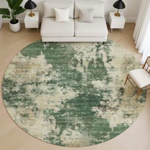 8' Fern Green And Beige Abstract Washable Round Rug With UV Protection