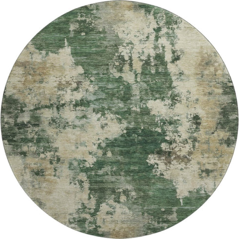 8' Fern Green And Beige Abstract Washable Round Rug With UV Protection