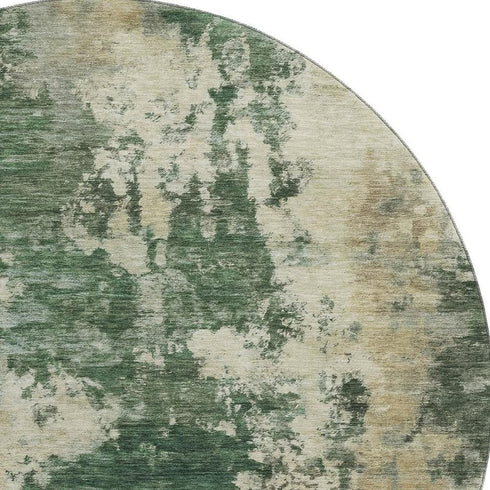 8' Fern Green And Beige Abstract Washable Round Rug With UV Protection