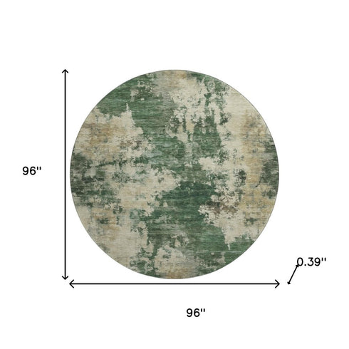 8' Fern Green And Beige Abstract Washable Round Rug With UV Protection