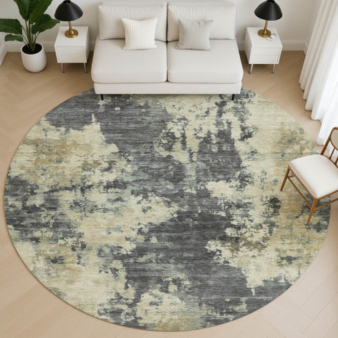 8' Gray And Beige Abstract Washable Round Rug With UV Protection
