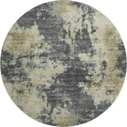 8' Gray And Beige Abstract Washable Round Rug With UV Protection