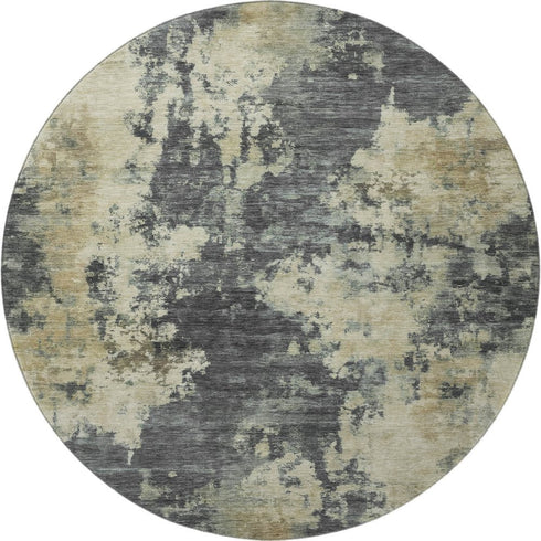 8' Gray And Beige Abstract Washable Round Rug With UV Protection