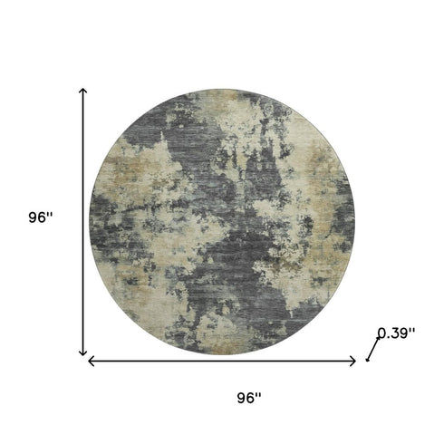 8' Gray And Beige Abstract Washable Round Rug With UV Protection
