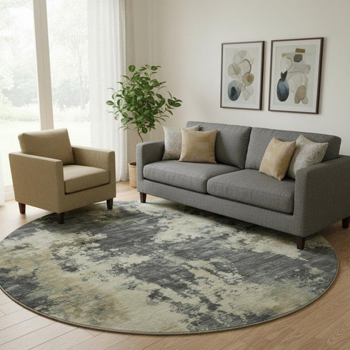 8' Gray And Beige Abstract Washable Round Rug With UV Protection