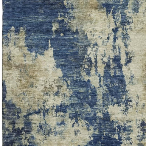 5' X 8' Navy Blue And Beige Abstract Washable Area Rug With UV Protection