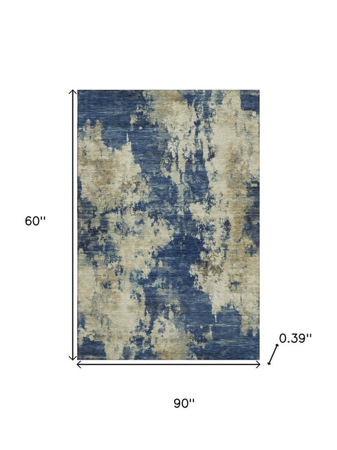 5' X 8' Navy Blue And Beige Abstract Washable Area Rug With UV Protection