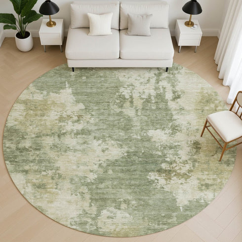 8' Sage And Beige Abstract Washable Round Rug With UV Protection