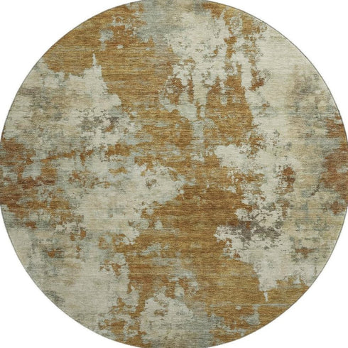 8' Terra Cotta And Beige Abstract Washable Round Rug With UV Protection