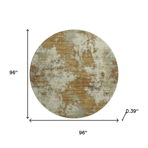 8' Terra Cotta And Beige Abstract Washable Round Rug With UV Protection