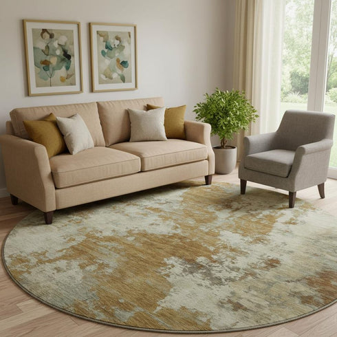 8' Terra Cotta And Beige Abstract Washable Round Rug With UV Protection