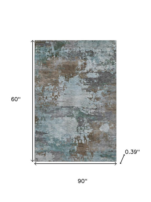 5' X 8' Brown And Blue Abstract Washable Area Rug With UV Protection
