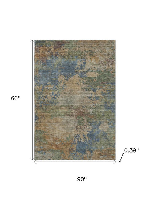 5' X 8' Denim Blue And Beige Abstract Washable Area Rug With UV Protection