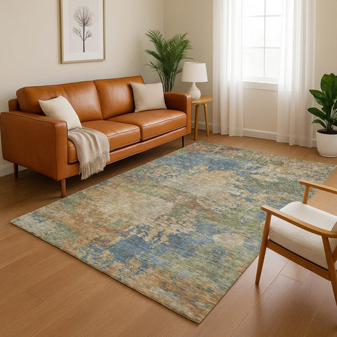 8' X 10' Denim Blue And Beige Abstract Washable Area Rug With UV Protection