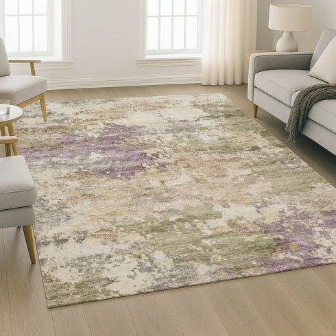 9' X 12' Beige And Purple Abstract Washable Area Rug With UV Protection