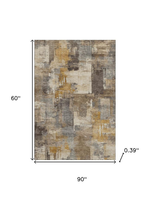 5' X 8' Brown And Beige Abstract Washable Area Rug With UV Protection
