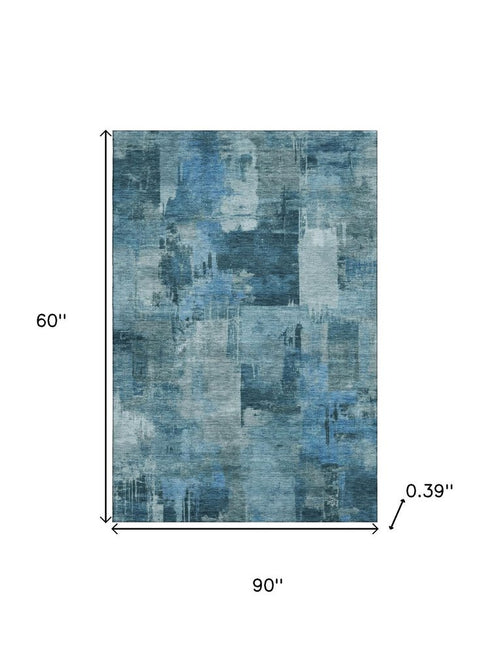 5' X 8' Blue And Denim Blue Abstract Washable Area Rug With UV Protection