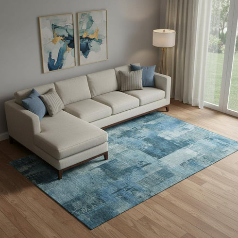 8' X 10' Blue And Denim Blue Abstract Washable Area Rug With UV Protection