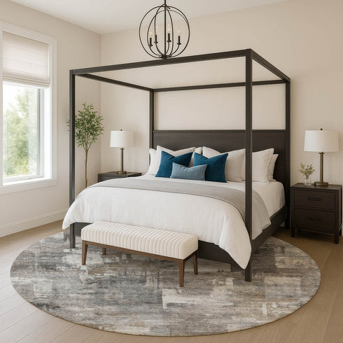 8' Pewter And Gray Abstract Washable Round Rug With UV Protection