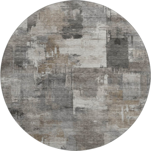 8' Pewter And Gray Abstract Washable Round Rug With UV Protection