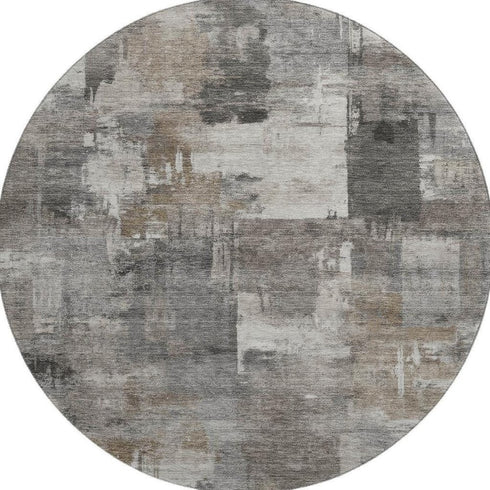 8' Pewter And Gray Abstract Washable Round Rug With UV Protection