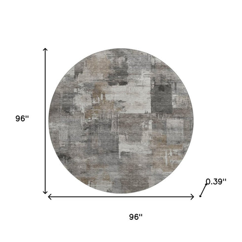 8' Pewter And Gray Abstract Washable Round Rug With UV Protection