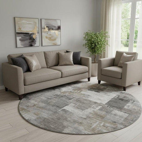 8' Pewter And Gray Abstract Washable Round Rug With UV Protection