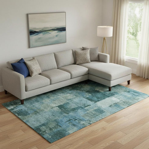 8' X 10' Teal And Aqua Abstract Washable Area Rug With UV Protection