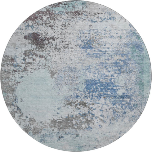 8' Turquoise And Gray Abstract Washable Round Rug With UV Protection