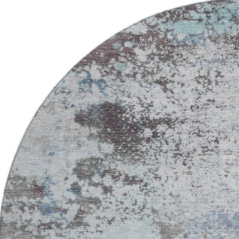 8' Turquoise And Gray Abstract Washable Round Rug With UV Protection