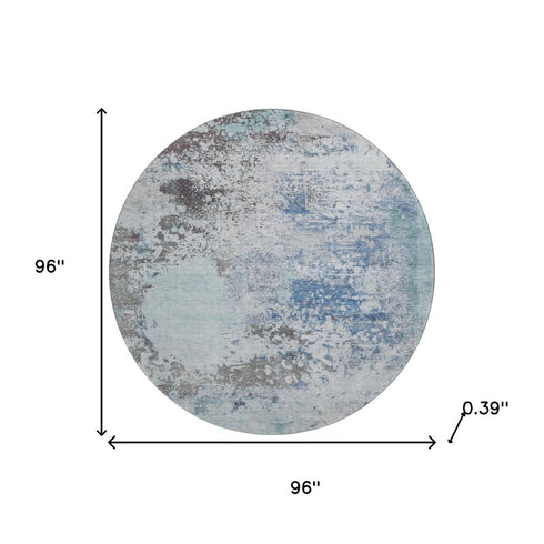 8' Turquoise And Gray Abstract Washable Round Rug With UV Protection