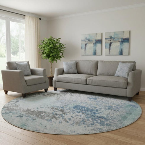 8' Turquoise And Gray Abstract Washable Round Rug With UV Protection