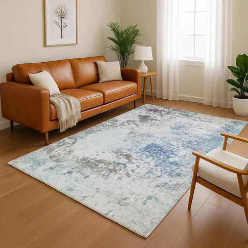 8' X 10' Turquoise And Gray Abstract Washable Area Rug With UV Protection