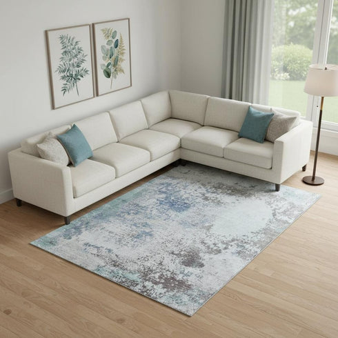 8' X 10' Turquoise And Gray Abstract Washable Area Rug With UV Protection